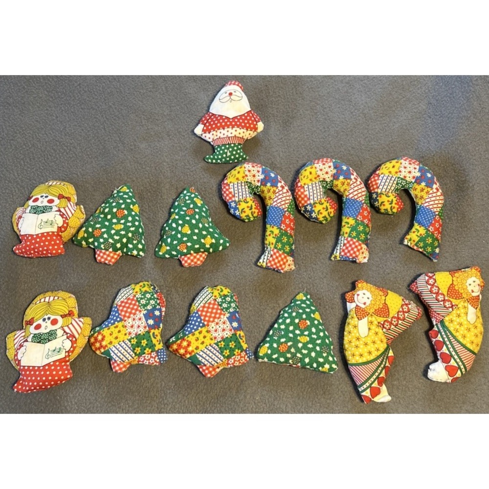 13 Vtg Calico Homemade Cloth Christmas Ornaments Patchwork Caroler Santa Angel